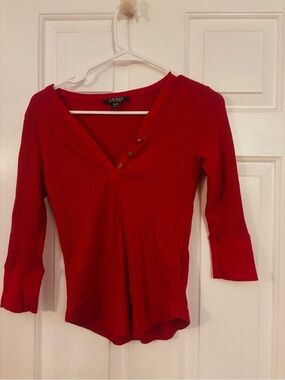 Lauren Ralph Lauren Red Ribbed V-Neck Henley Top